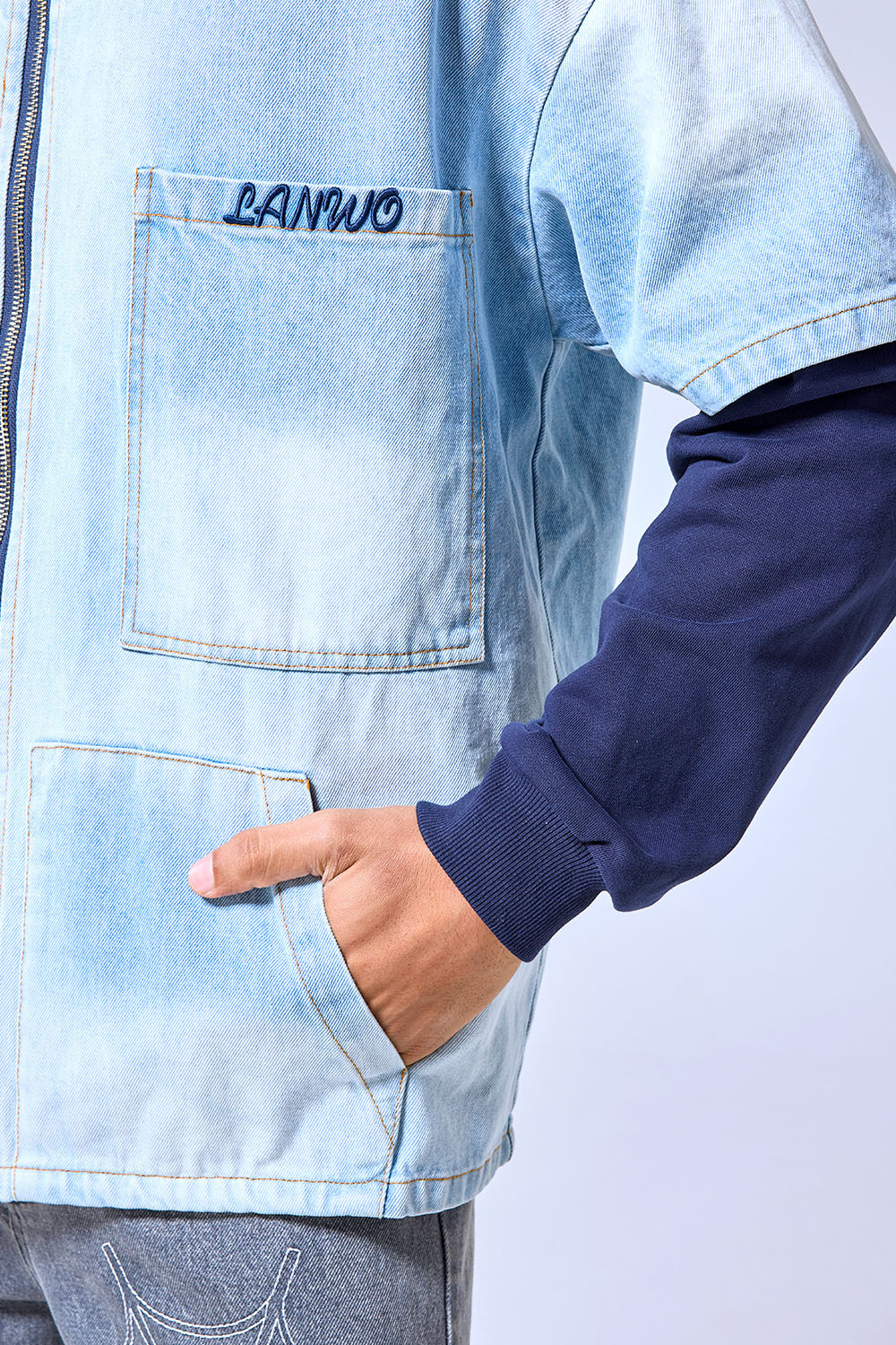 OEM Custom Logo Two-Tone Denim Hoodie Jacket - Layered Streetwear Zip-Up Shirt