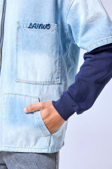 OEM Custom Logo Two-Tone Denim Hoodie Jacket - Layered Streetwear Zip-Up Shirt