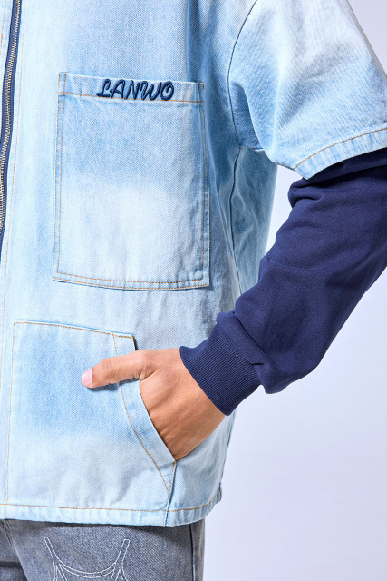 OEM Custom Logo Two-Tone Denim Hoodie Jacket - Layered Streetwear Zip-Up Shirt