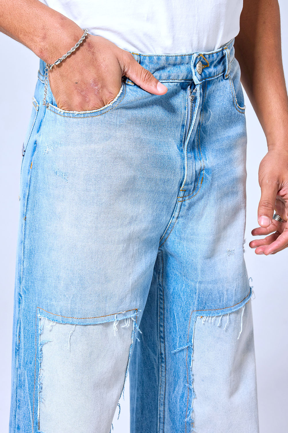OEM Custom Logo Two-Tone Patchwork Baggy Jeans - Vintage Washed Wide Leg Denim Pants