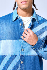 OEM Custom Logo Patchwork Denim Shirt Jacket - Color Block Streetwear Button-Up Shacket