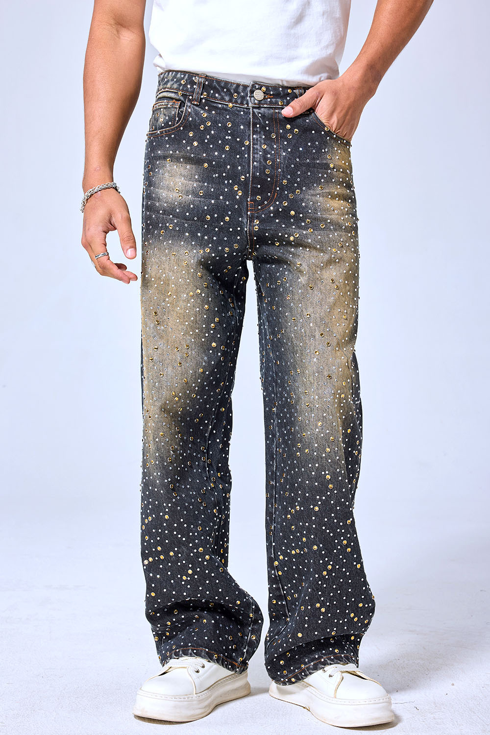 OEM Custom Logo Rhinestone Studded Baggy Jeans - Vintage Black Wash Wide Leg Denim Pants