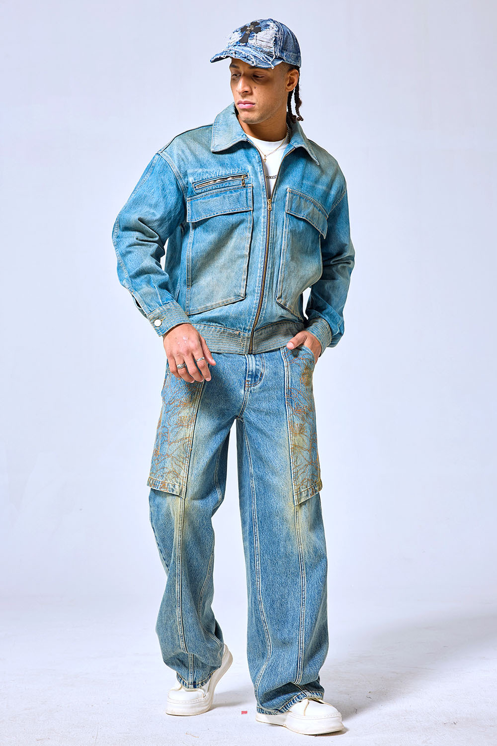 OEM Custom Logo Vintage Washed Denim Work Jacket - Streetwear Zip-Up Utility Trucker Coat