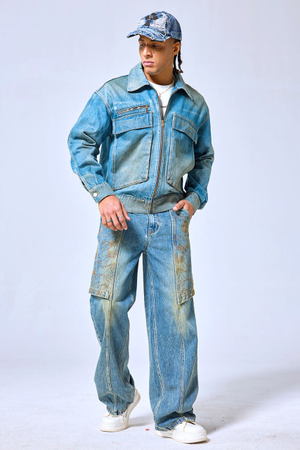 OEM Custom Logo Vintage Washed Denim Work Jacket - Streetwear Zip-Up Utility Trucker Coat