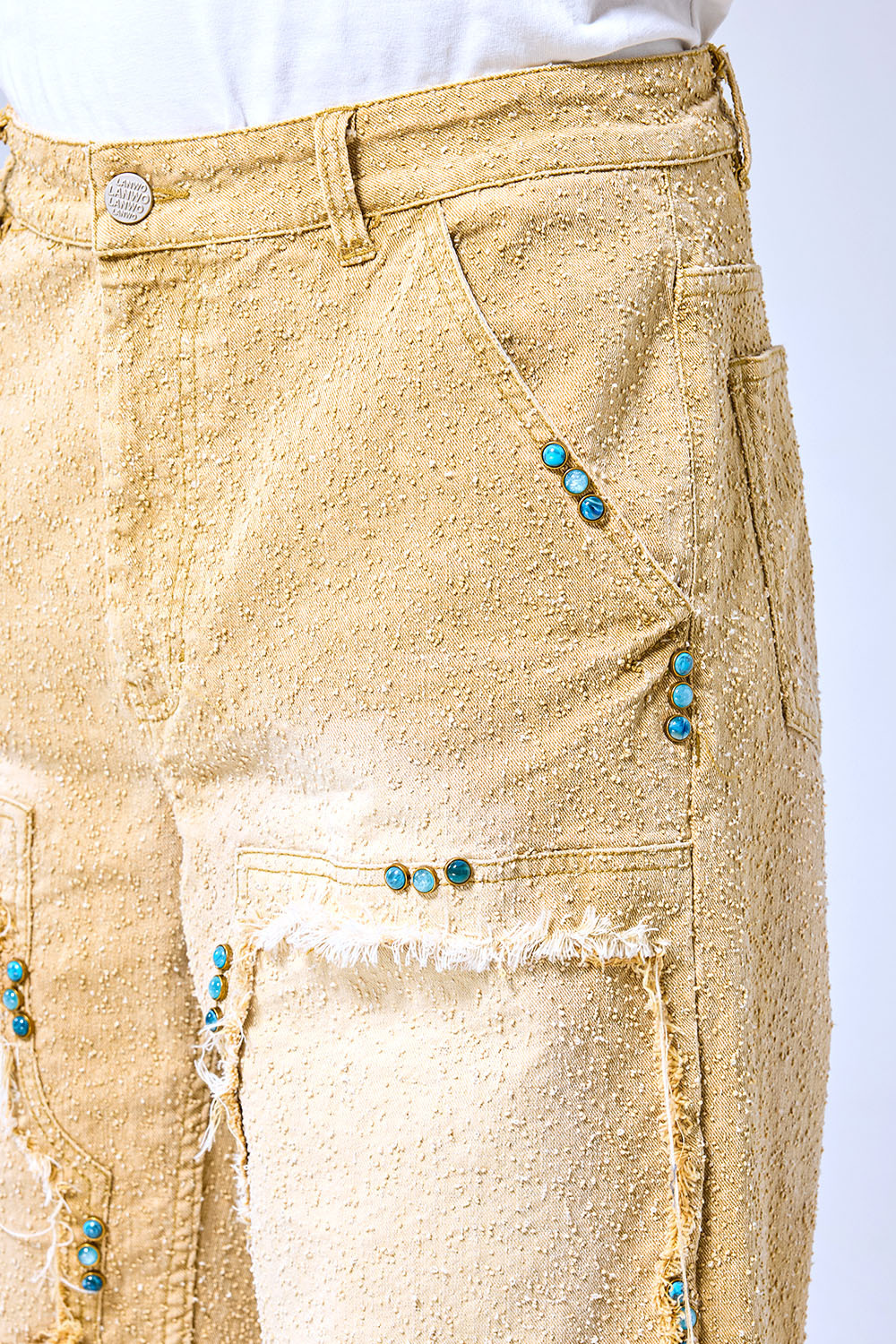 OEM Custom Turquoise Studded Patchwork Baggy Jeans - Vintage Sand Wash Wide Leg Streetwear Denim Pants