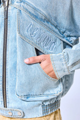 OEM Custom Logo Light Wash Denim Bomber Jacket - Streetwear Multi-Zip Deconstructed Coat