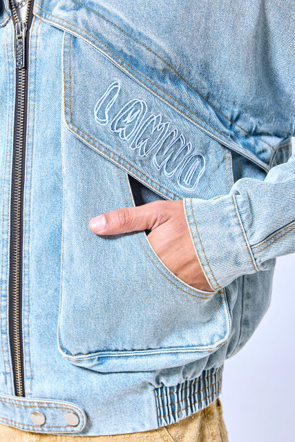 OEM Custom Logo Light Wash Denim Bomber Jacket - Streetwear Multi-Zip Deconstructed Coat