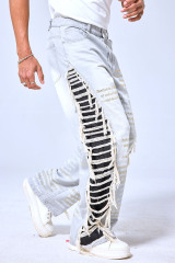OEM Custom Embroidered Poem Baggy Jeans - Light Wash Fringe Side Stripe Streetwear Denim Pants