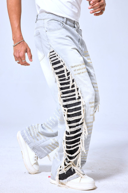 OEM Custom Embroidered Poem Baggy Jeans - Light Wash Fringe Side Stripe Streetwear Denim Pants
