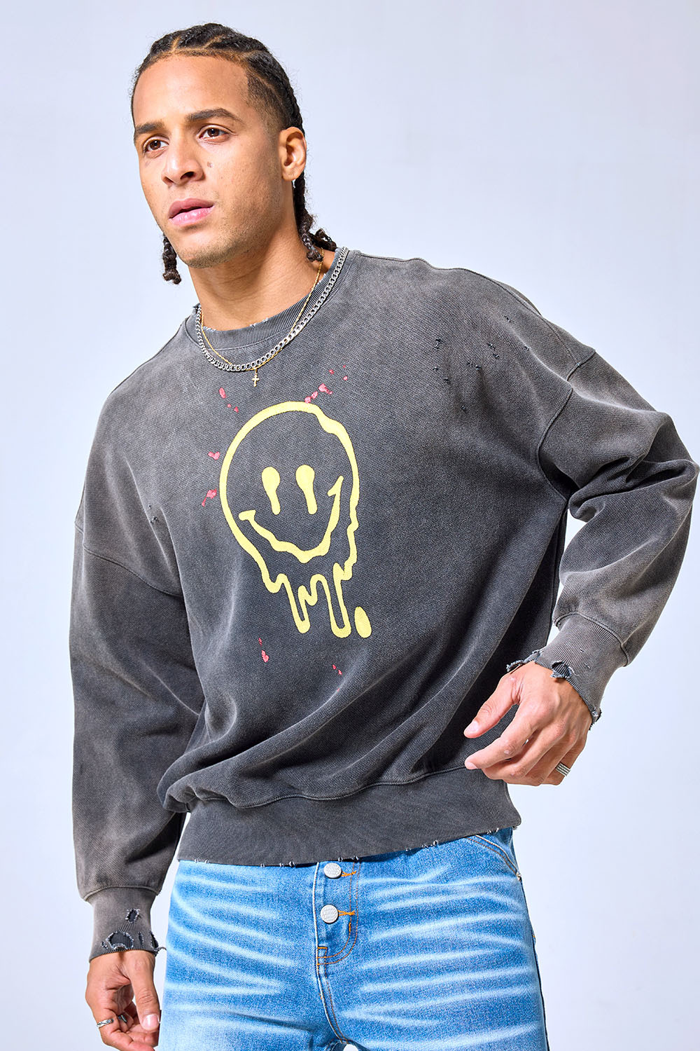 OEM Custom Melting Smiley Distressed Crewneck Sweatshirt - Vintage Washed Black Streetwear Pullover