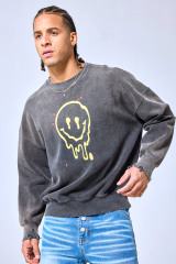 OEM Custom Melting Smiley Distressed Crewneck Sweatshirt - Vintage Washed Black Streetwear Pullover