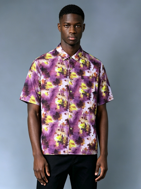 Custom Watercolor Forest Print Camp Collar Shirt - LW&SUNKUN Men's Purple Tie Dye Hawaiian Style Short Sleeve Button-Down OEM/ODM Wholesale
