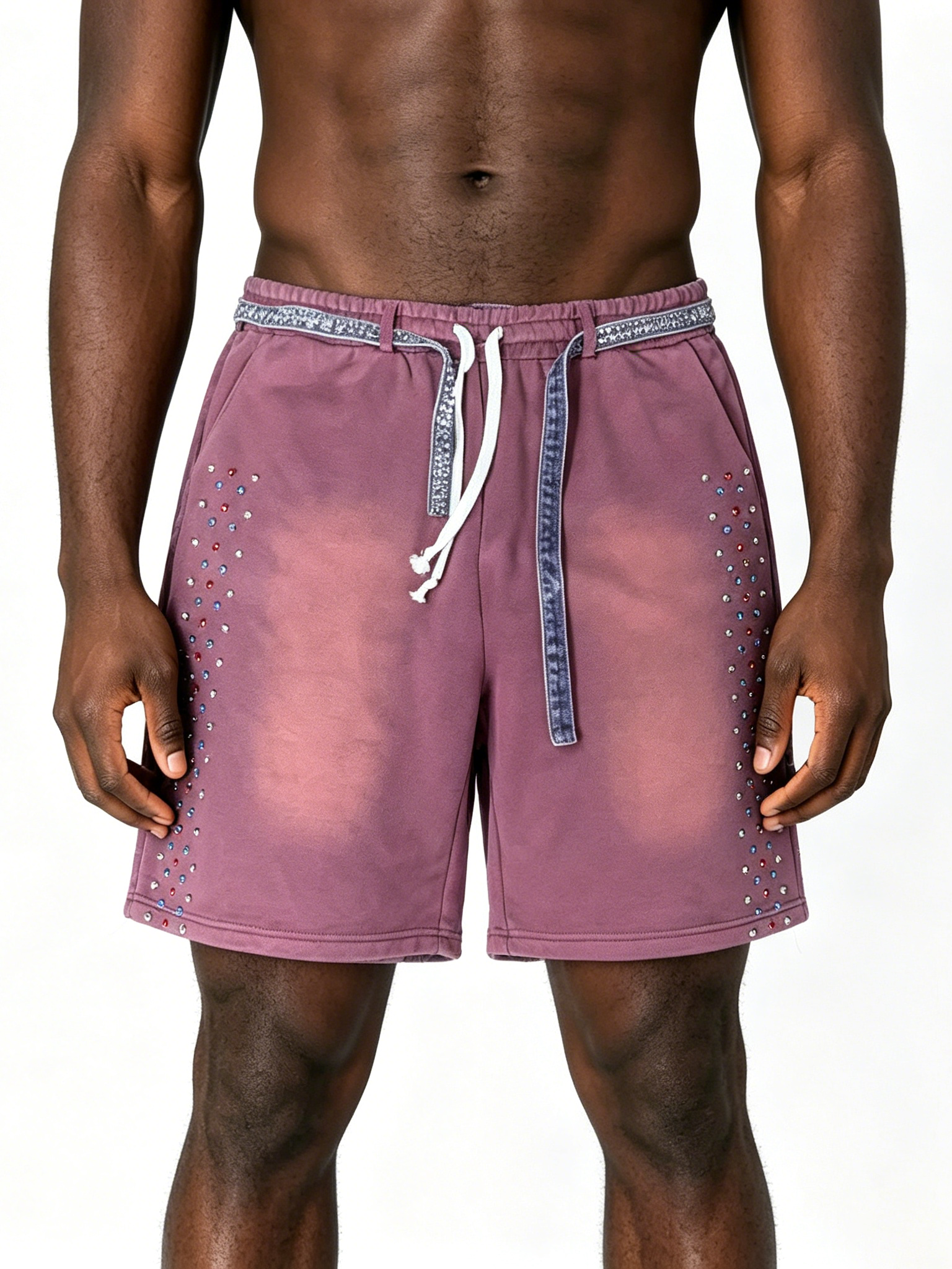 Custom Vintage Wash Rhinestone Sweat Shorts - LW&SUNKUN Men's Faded Purple Streetwear Shorts OEM/ODM Wholesale