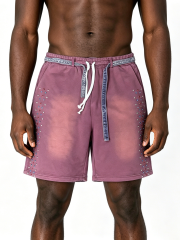 Custom Vintage Wash Rhinestone Sweat Shorts - LW&SUNKUN Men's Faded Purple Streetwear Shorts OEM/ODM Wholesale