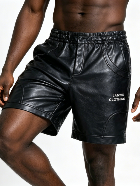 Custom Black Faux Leather Streetwear Shorts - LW&SUNKUN Elastic Waist Logo Print Men's Casual Shorts OEM/ODM Wholesale