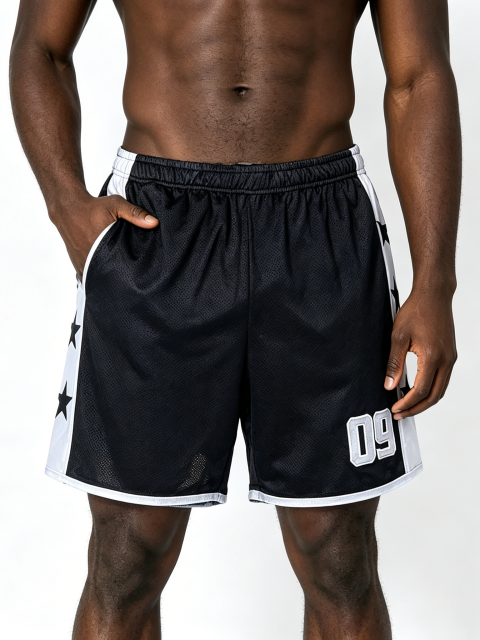 Custom Black & White Star Mesh Basketball Shorts - LW&SUNKUN Men's 09 Number Streetwear Athletic Shorts OEM/ODM Wholesale