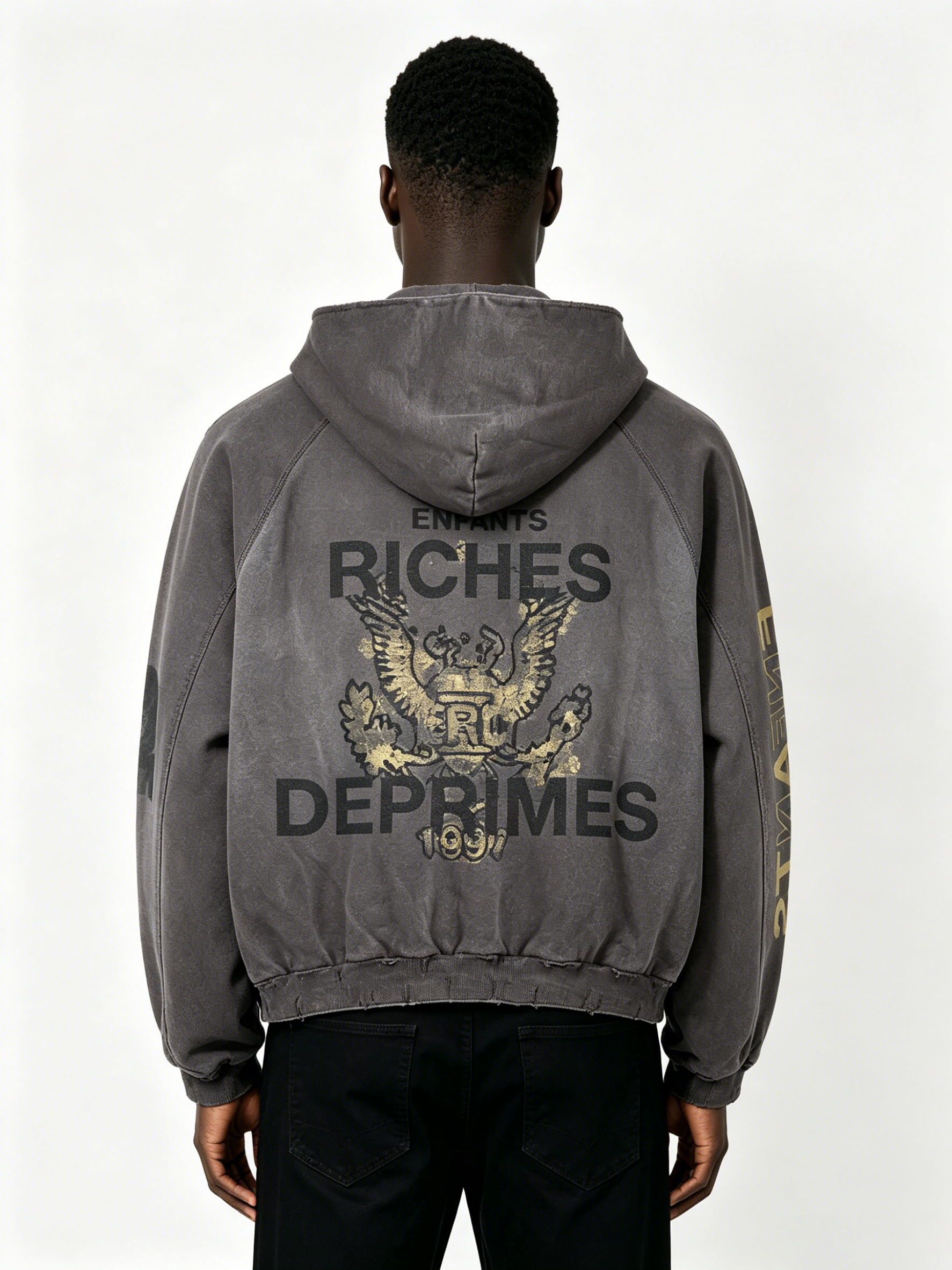 Vintage Acid Wash Distressed Zip-Up Hoodie - Enfants Riches Déprimés Inspired Gold Print Streetwear Hoodie