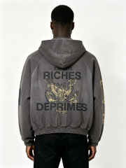 Vintage Acid Wash Distressed Zip-Up Hoodie - Enfants Riches Déprimés Inspired Gold Print Streetwear Hoodie