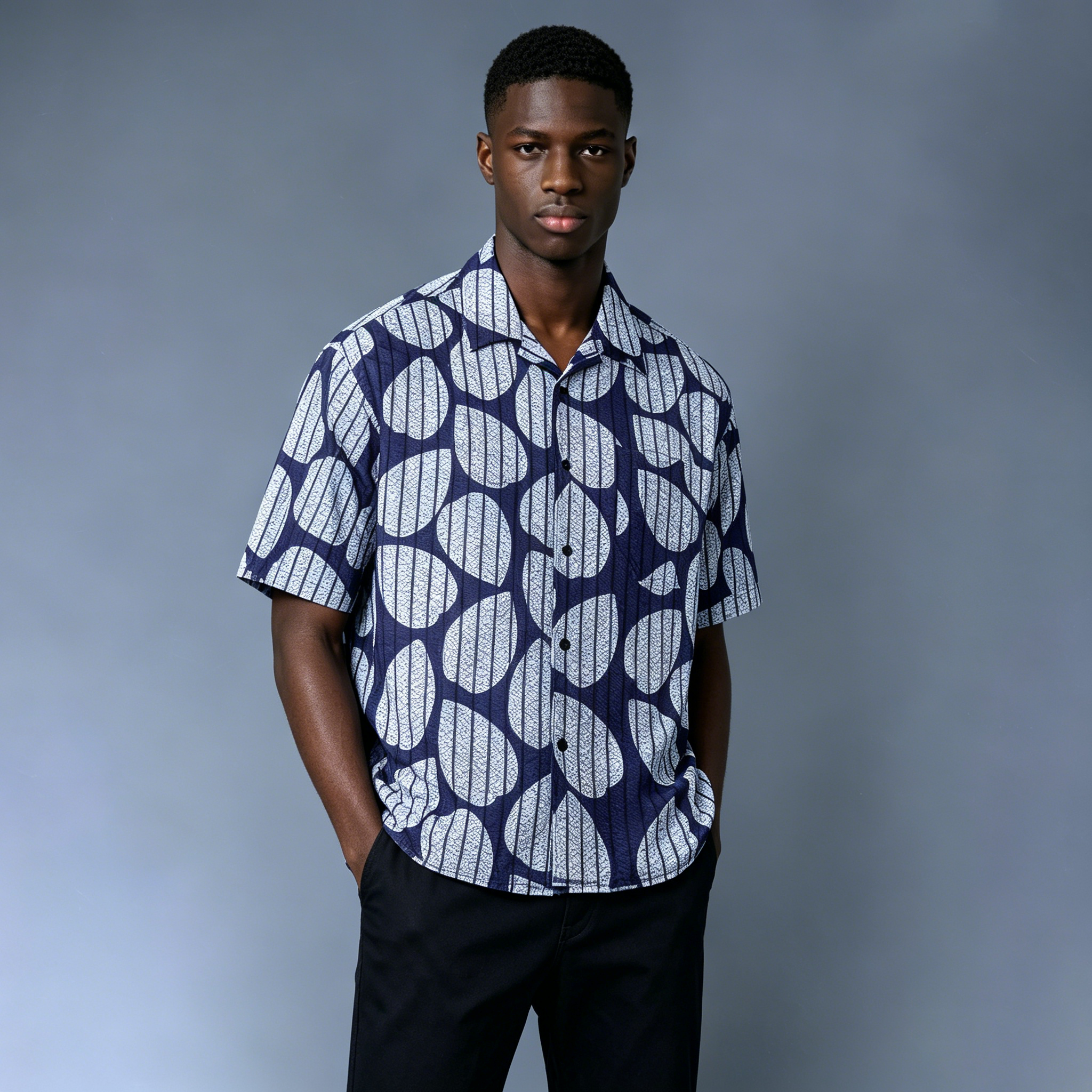 Custom Batik Print Cuban Collar Shirt - LW&SUNKUN Men's Abstract Leaf Pattern Short Sleeve Aloha Shirt OEM/ODM Wholesale
