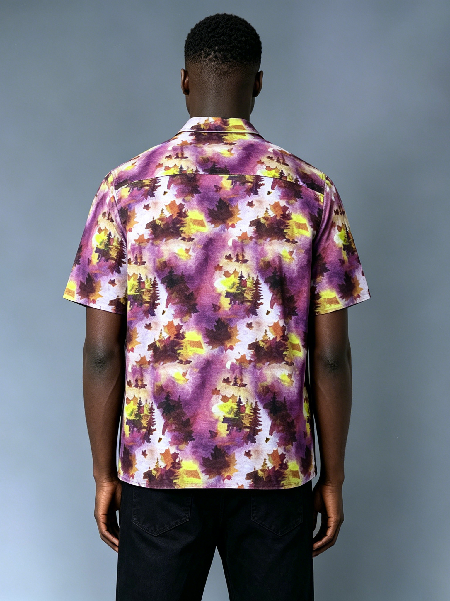 Custom Watercolor Forest Print Camp Collar Shirt - LW&SUNKUN Men's Purple Tie Dye Hawaiian Style Short Sleeve Button-Down OEM/ODM Wholesale