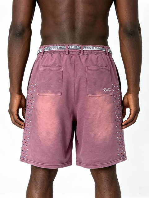 Custom Vintage Wash Rhinestone Sweat Shorts - LW&SUNKUN Men's Faded Purple Streetwear Shorts OEM/ODM Wholesale