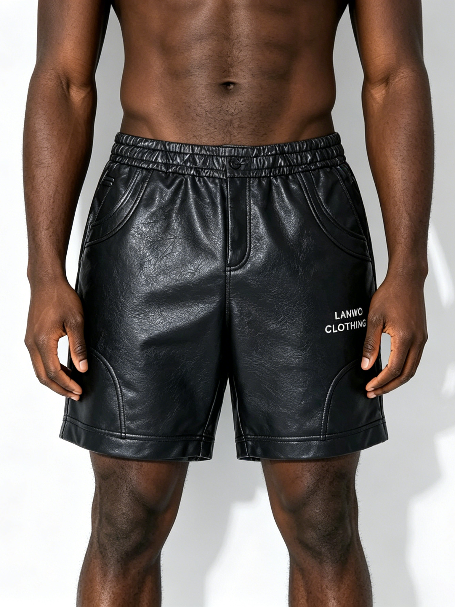 Custom Black Faux Leather Streetwear Shorts - LW&SUNKUN Elastic Waist Logo Print Men's Casual Shorts OEM/ODM Wholesale