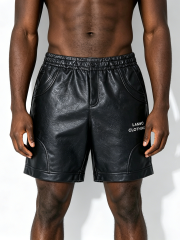 Custom Black Faux Leather Streetwear Shorts - LW&SUNKUN Elastic Waist Logo Print Men's Casual Shorts OEM/ODM Wholesale