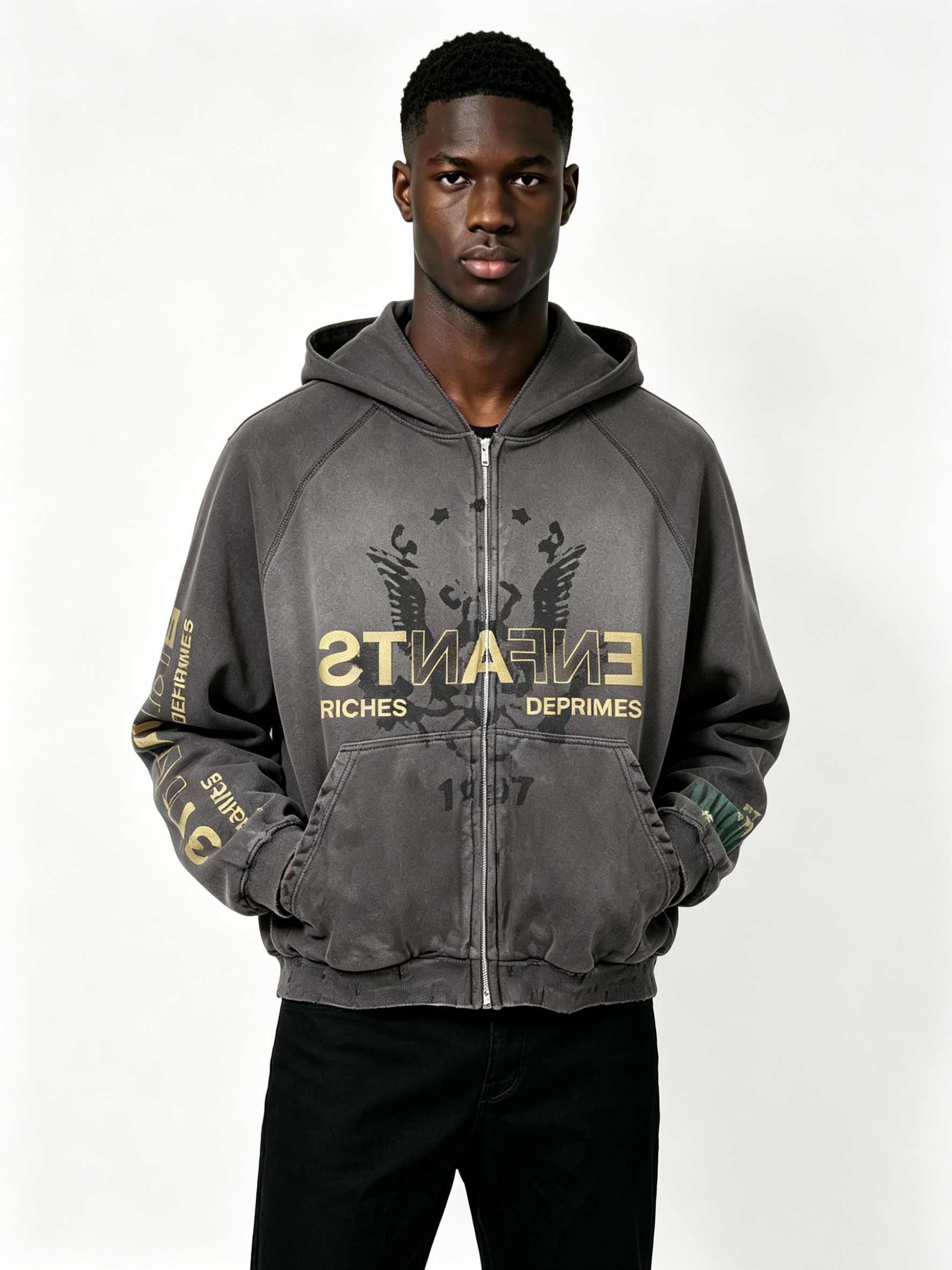 Vintage Acid Wash Distressed Zip-Up Hoodie - Enfants Riches Déprimés Inspired Gold Print Streetwear Hoodie