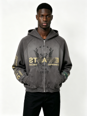 Vintage Acid Wash Distressed Zip-Up Hoodie - Enfants Riches Déprimés Inspired Gold Print Streetwear Hoodie
