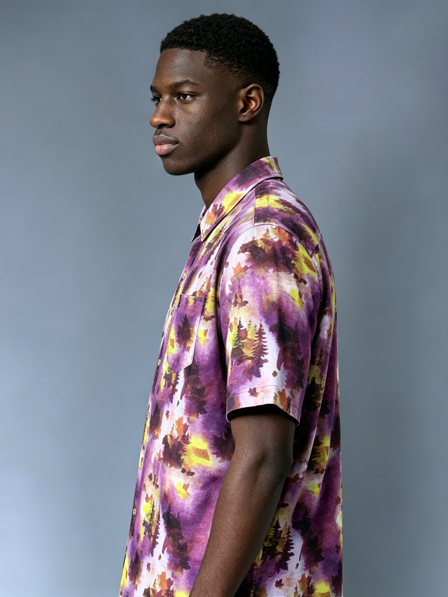 Custom Watercolor Forest Print Camp Collar Shirt - LW&SUNKUN Men's Purple Tie Dye Hawaiian Style Short Sleeve Button-Down OEM/ODM Wholesale