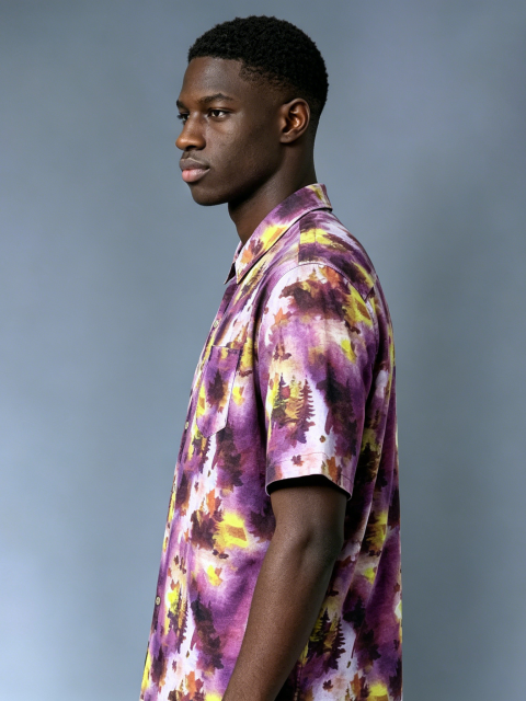 Custom Watercolor Forest Print Camp Collar Shirt - LW&SUNKUN Men's Purple Tie Dye Hawaiian Style Short Sleeve Button-Down OEM/ODM Wholesale