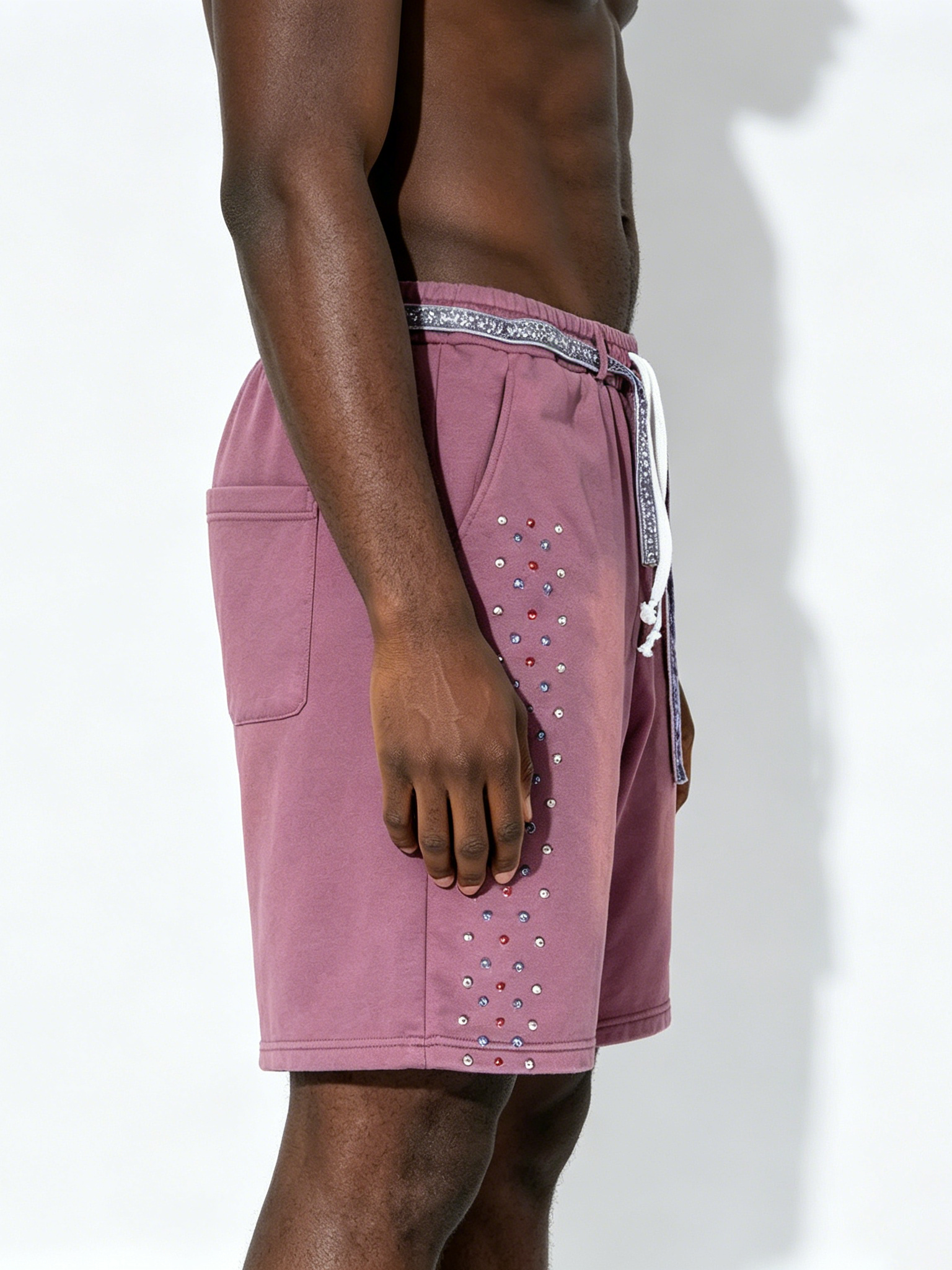 Custom Vintage Wash Rhinestone Sweat Shorts - LW&SUNKUN Men's Faded Purple Streetwear Shorts OEM/ODM Wholesale