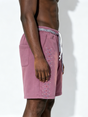 Custom Vintage Wash Rhinestone Sweat Shorts - LW&SUNKUN Men's Faded Purple Streetwear Shorts OEM/ODM Wholesale