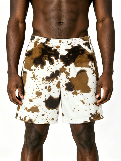 Custom Cow Print Terry Cloth Shorts - LW&SUNKUN Men's Brown & White Tie Dye Streetwear Shorts OEM/ODM Wholesale