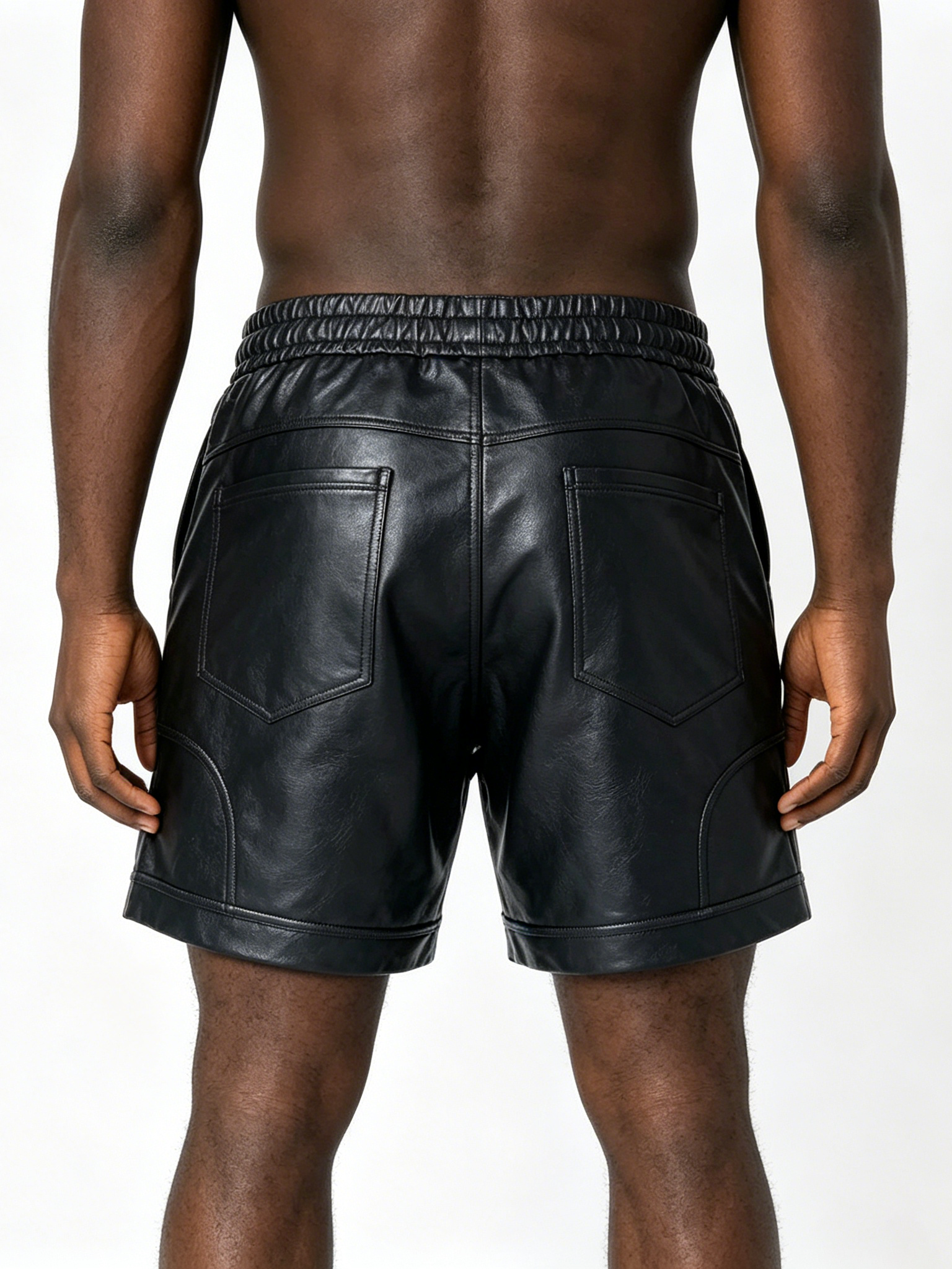 Custom Black Faux Leather Streetwear Shorts - LW&SUNKUN Elastic Waist Logo Print Men's Casual Shorts OEM/ODM Wholesale