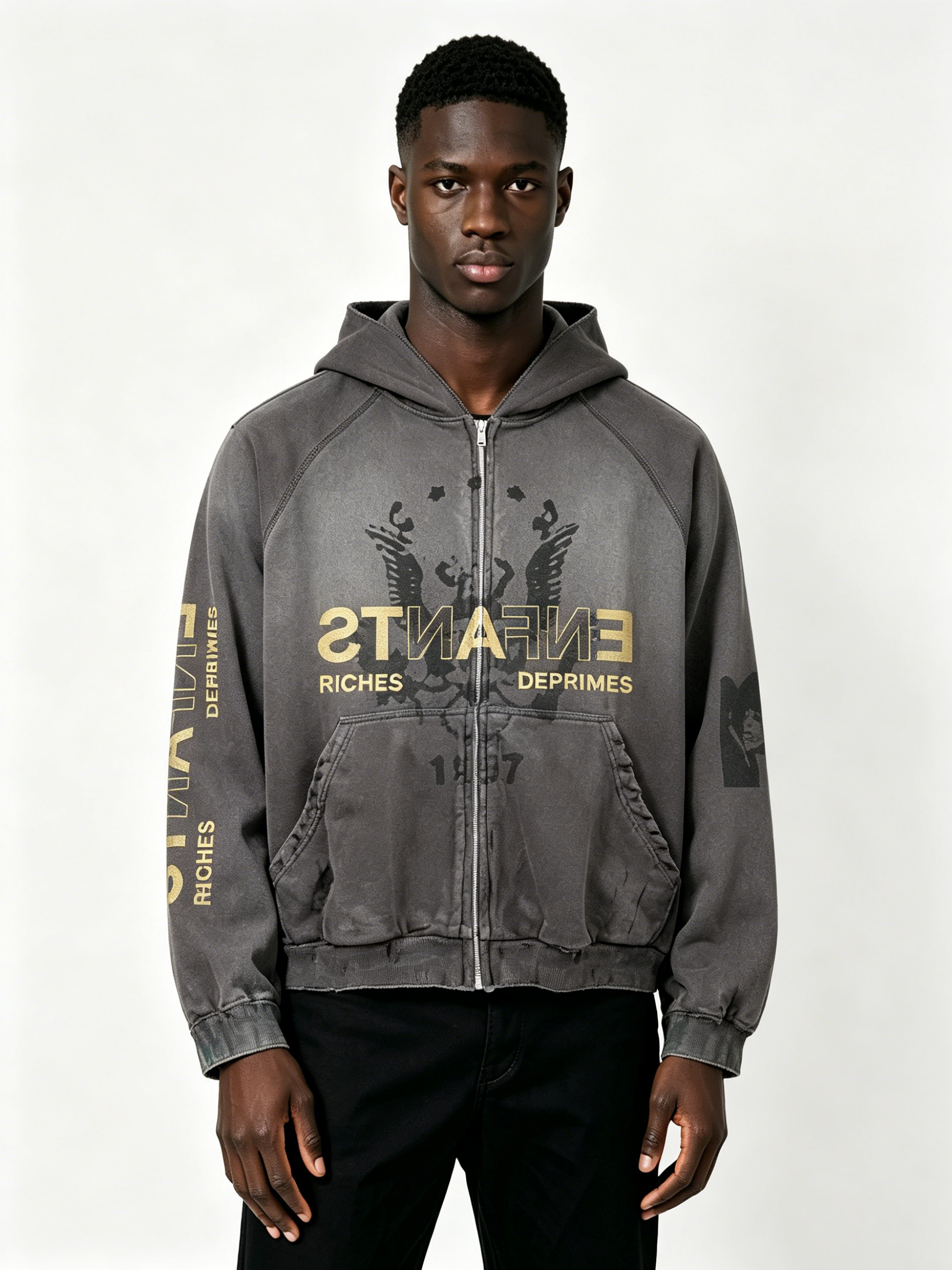 Vintage Acid Wash Distressed Zip-Up Hoodie - Enfants Riches Déprimés Inspired Gold Print Streetwear Hoodie