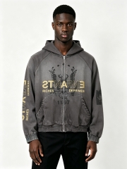 Vintage Acid Wash Distressed Zip-Up Hoodie - Enfants Riches Déprimés Inspired Gold Print Streetwear Hoodie
