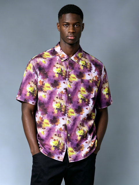 Custom Watercolor Forest Print Camp Collar Shirt - LW&SUNKUN Men's Purple Tie Dye Hawaiian Style Short Sleeve Button-Down OEM/ODM Wholesale