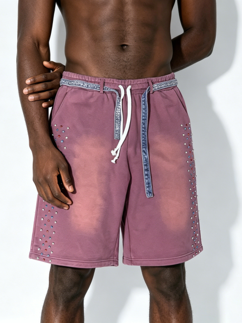 Custom Vintage Wash Rhinestone Sweat Shorts - LW&SUNKUN Men's Faded Purple Streetwear Shorts OEM/ODM Wholesale
