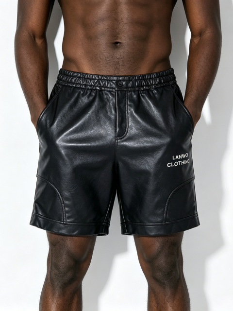 Custom Black Faux Leather Streetwear Shorts - LW&SUNKUN Elastic Waist Logo Print Men's Casual Shorts OEM/ODM Wholesale