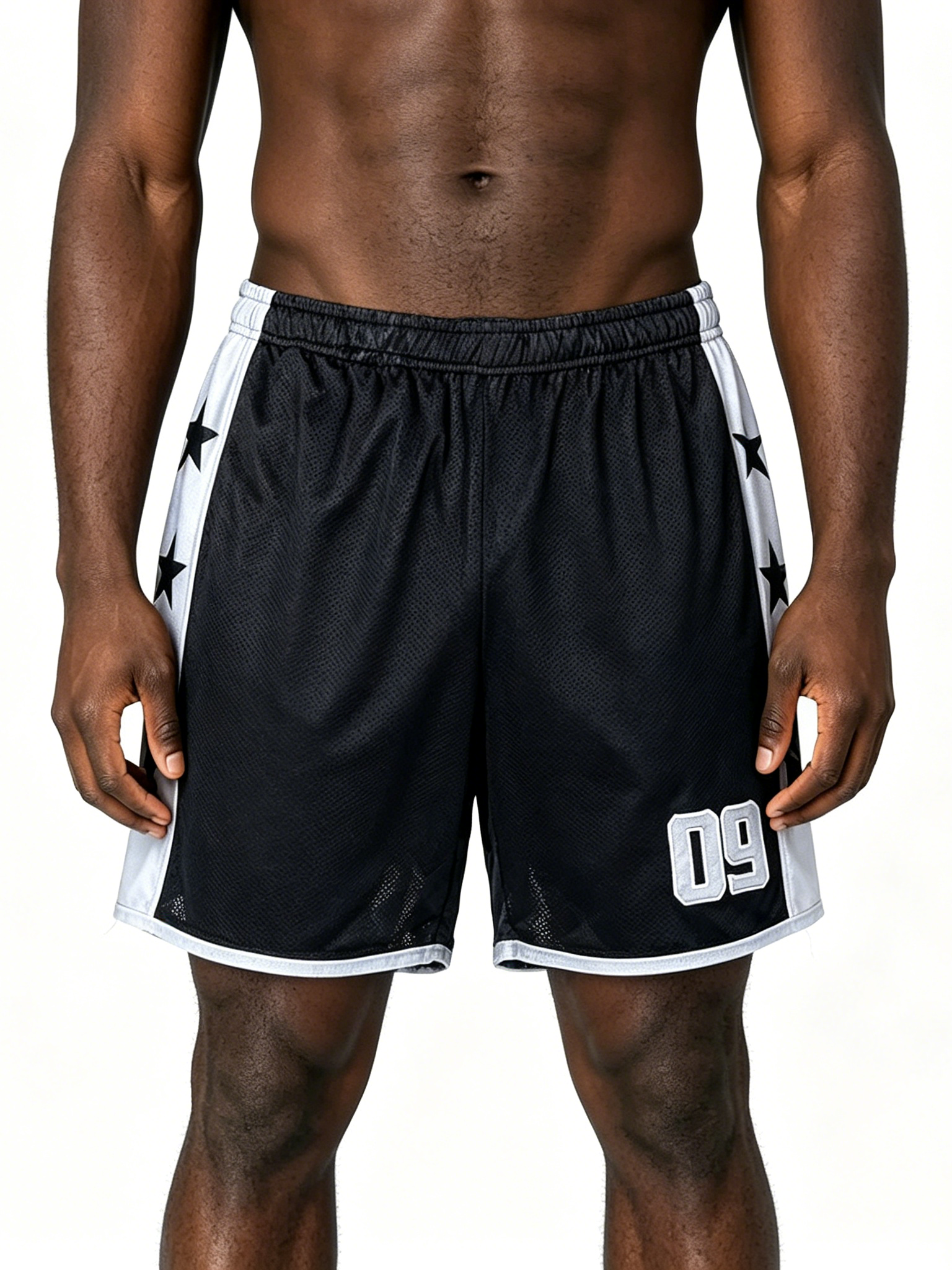 Custom Black & White Star Mesh Basketball Shorts - LW&SUNKUN Men's 09 Number Streetwear Athletic Shorts OEM/ODM Wholesale