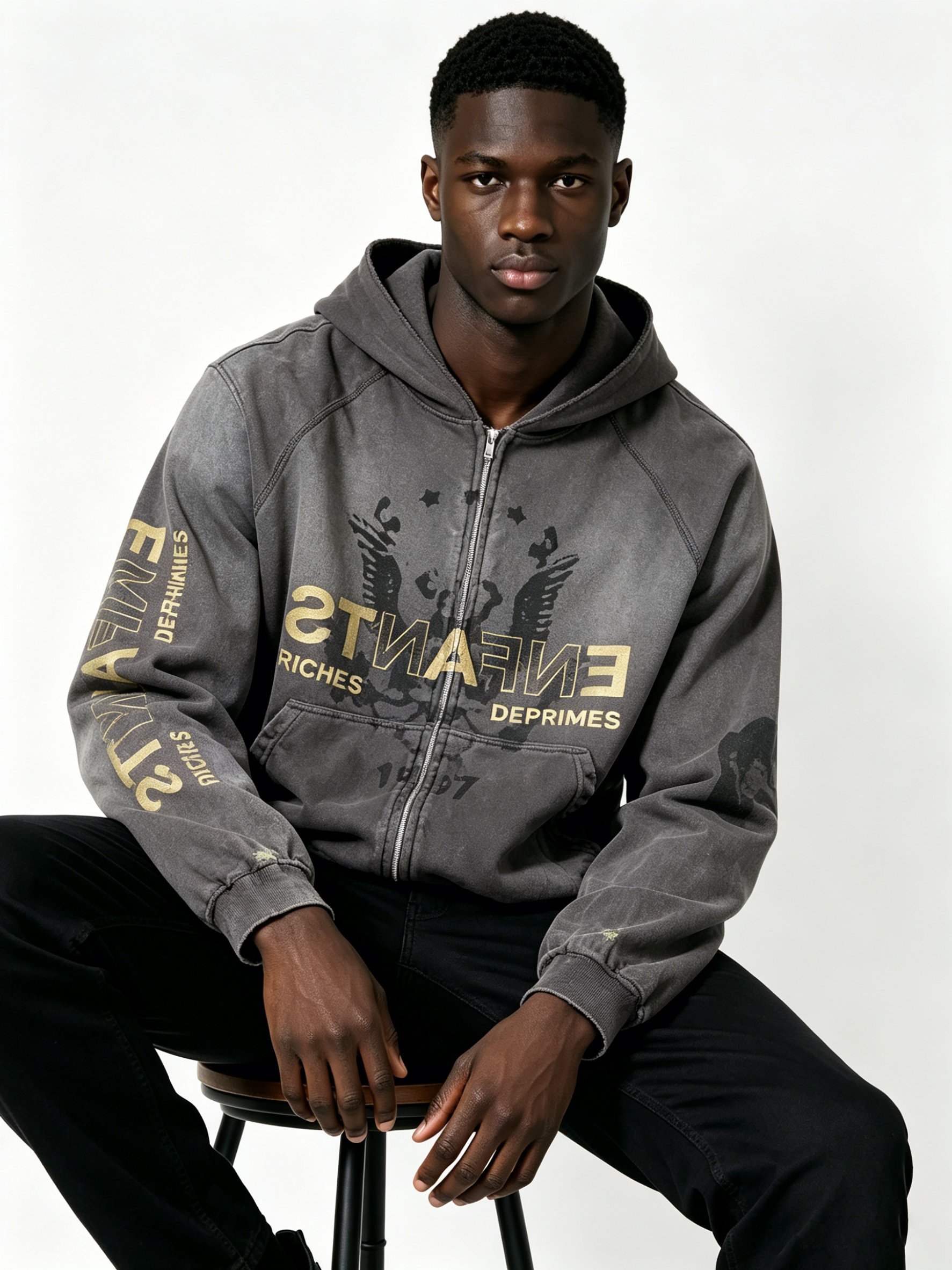 Vintage Acid Wash Distressed Zip-Up Hoodie - Enfants Riches Déprimés Inspired Gold Print Streetwear Hoodie