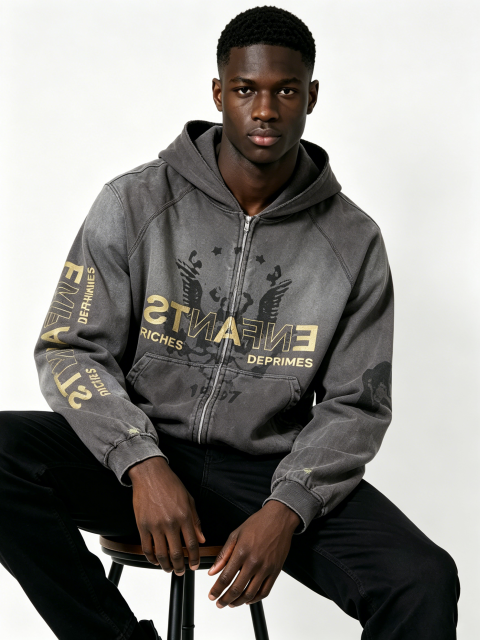 Vintage Acid Wash Distressed Zip-Up Hoodie - Enfants Riches Déprimés Inspired Gold Print Streetwear Hoodie