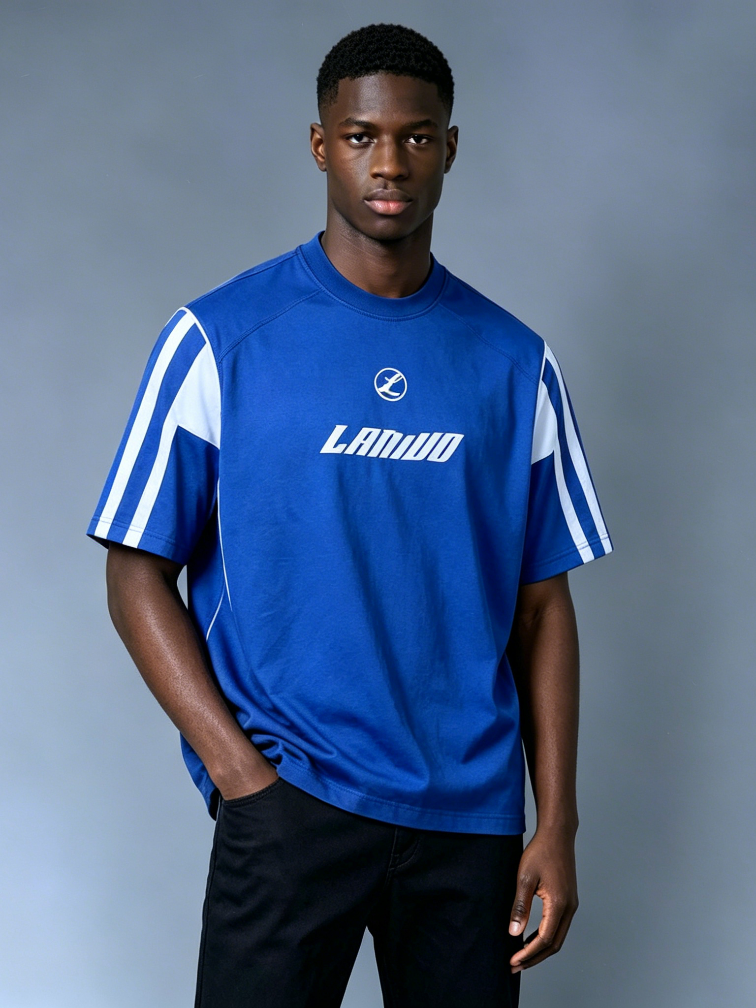 Custom Sporty Racing Stripe T-Shirt - LW&SUNKUN Men's Retro Soccer Jersey Style Streetwear Tee OEM/ODM Wholesale