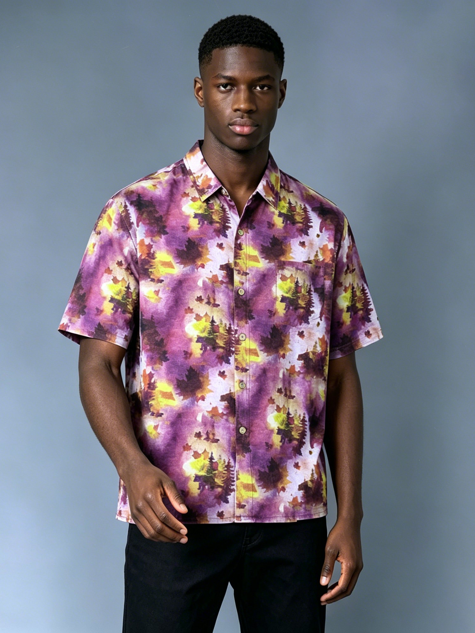 Custom Watercolor Forest Print Camp Collar Shirt - LW&SUNKUN Men's Purple Tie Dye Hawaiian Style Short Sleeve Button-Down OEM/ODM Wholesale