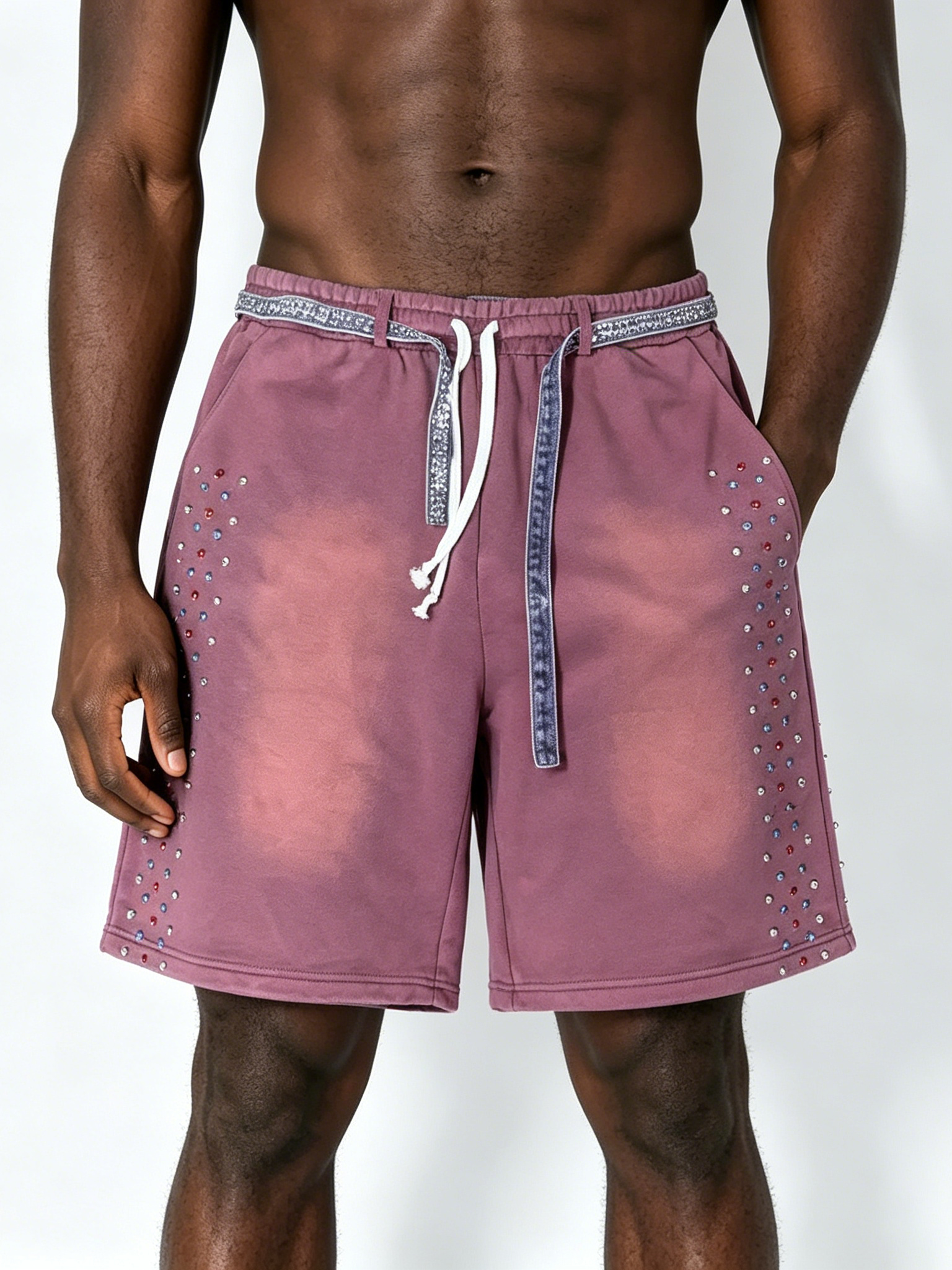 Custom Vintage Wash Rhinestone Sweat Shorts - LW&SUNKUN Men's Faded Purple Streetwear Shorts OEM/ODM Wholesale