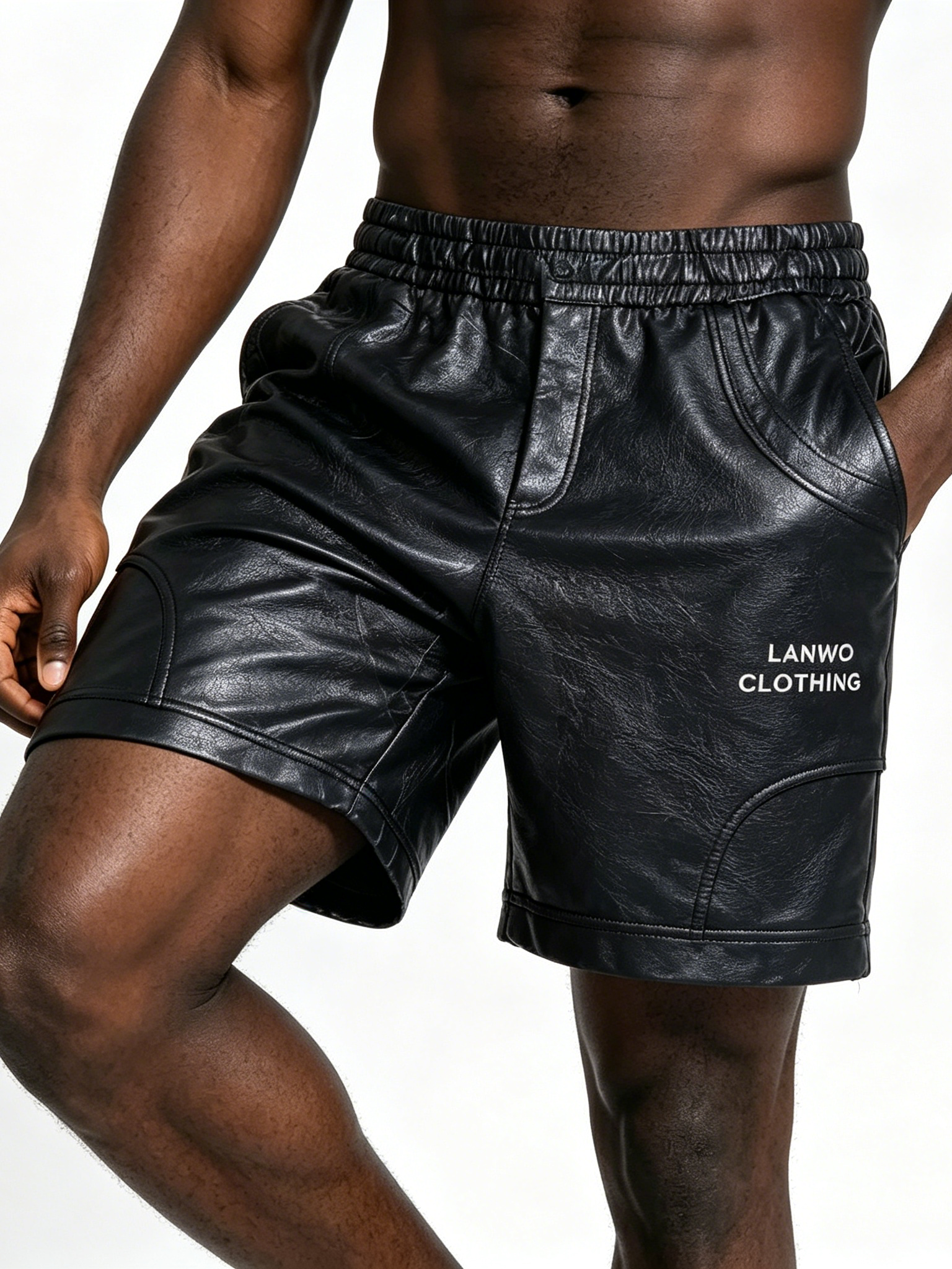 Custom Black Faux Leather Streetwear Shorts - LW&SUNKUN Elastic Waist Logo Print Men's Casual Shorts OEM/ODM Wholesale