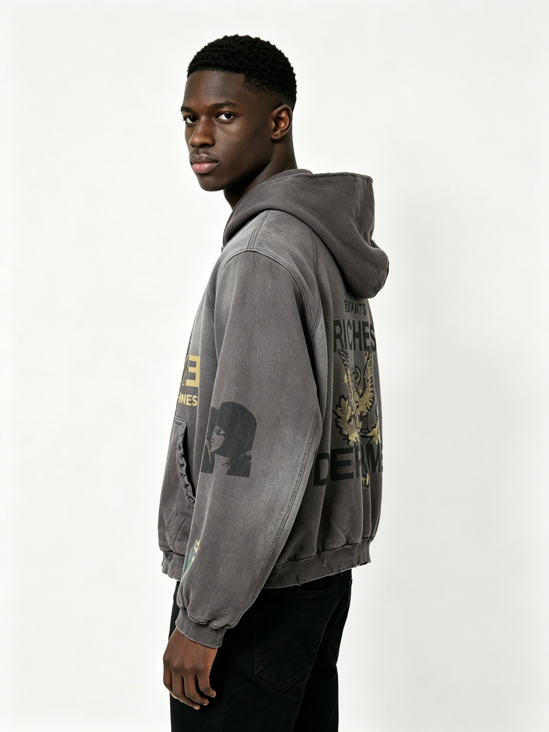 Vintage Acid Wash Distressed Zip-Up Hoodie - Enfants Riches Déprimés Inspired Gold Print Streetwear Hoodie