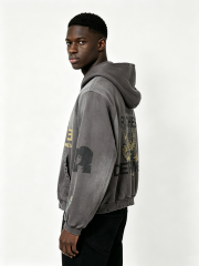 Vintage Acid Wash Distressed Zip-Up Hoodie - Enfants Riches Déprimés Inspired Gold Print Streetwear Hoodie