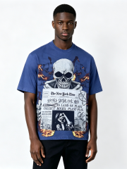 Custom Vintage Wash Skull & Newspaper Graphic T-Shirt - LW&SUNKUN Men's Fire Print Streetwear Tee OEM/ODM Wholesale